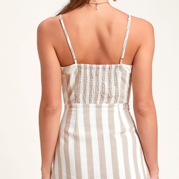 LULUs Tan & White Stripped Button Front Mini Dress (XS) |*SMOCK BACK 2 FIT BOOBS - Picture 3 of 7